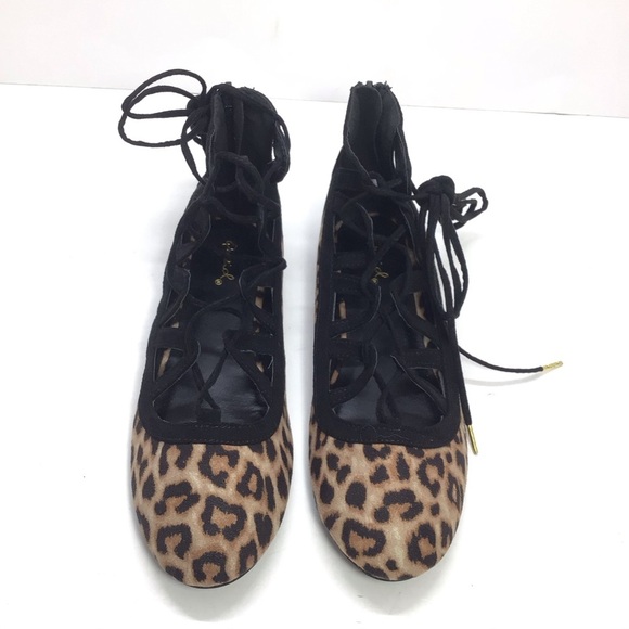 Qupid Faux Suede Animal Print Lace Up Ballet Flats - Picture 6 of 11